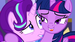 Size: 1280x720 | Tagged: safe, screencap, starlight glimmer, twilight sparkle, alicorn, pony, g4, no second prances, lip bite, tongue out, twilight sparkle (alicorn)