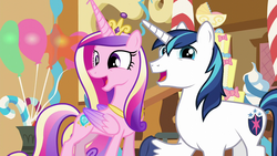 Size: 1280x720 | Tagged: safe, screencap, princess cadance, shining armor, alicorn, pony, unicorn, g4, the one where pinkie pie knows, female, male, ship:shiningcadance, shipping, stallion, straight