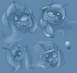 Size: 969x912 | Tagged: safe, artist:post-it, princess luna, g4, angry, colored sketch, expressions, female, happy, monochrome, sketch, sketch dump, solo, yelling