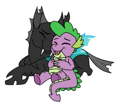 Size: 720x614 | Tagged: safe, artist:blackrose416, spike, thorax, changeling, dragon, g4, the times they are a changeling, baby, baby dragon, changeling x dragon, cute, eyes closed, fangs, gay, interspecies, male, nuzzling, ship:thoraxspike, shipping, simple background, sitting, smiling, spikabetes, spikeling, spikelove, white background