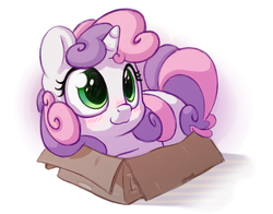 Size: 1400x1100 | Tagged: safe, artist:bobdude0, sweetie belle, pony, unicorn, g4, :3, behaving like a cat, blushing, box, closed mouth, cute, diasweetes, female, kitty belle, pony in a box, prone, simple background, smiling, solo, weapons-grade cute, white background