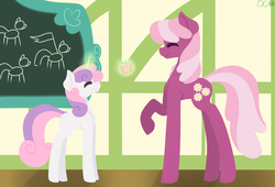 Size: 2200x1500 | Tagged: safe, artist:dashagame666, cheerilee, sweetie belle, earth pony, pony, unicorn, g4, apple, chalkboard, duo, duo female, eyes closed, female, food, magic, raised hoof, teacher and student, telekinesis