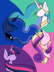 Size: 1500x2000 | Tagged: safe, artist:dashagame666, princess cadance, princess celestia, princess luna, twilight sparkle, alicorn, pony, g4, alicorn tetrarchy, no eyes, portrait, twilight sparkle (alicorn)