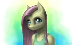 Size: 1024x640 | Tagged: safe, artist:draknairy, fluttershy, anthro, g4, clothes, female, solo, tank top