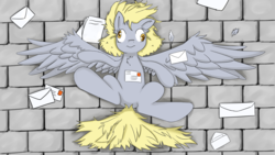 Size: 1920x1080 | Tagged: safe, artist:periodicbrony, derpy hooves, pegasus, pony, g4, chest fluff, feather, featureless crotch, female, mail, mailmare, mare, on back, smiling, solo, spread out hair, spread wings, wallpaper, wings