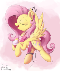 Size: 2200x2600 | Tagged: safe, artist:bugplayer, fluttershy, pegasus, pony, g4, clothes, cup, cute, drink, eyes closed, female, flying, headphones, high res, hoof hold, ipod, listening, mare, mp3 player, music, music notes, open mouth, scarf, shyabetes, signature, singing, smiling, solo