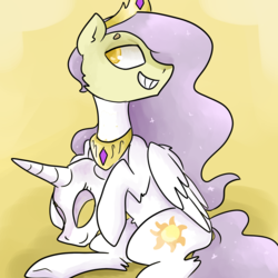 Size: 1200x1200 | Tagged: safe, artist:nicothemintyrabbit, princess celestia, oc, oc:ferb fletcher, princess molestia, g4, celestia suit, disguise, mask, masking, partially undressed, ponysuit, rule 63, solo