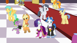 Size: 1280x720 | Tagged: safe, artist:nstone53, applejack, carrot top, fancypants, golden harvest, goldengrape, rarity, rumble, sir colton vines iii, spike, sunshower raindrops, fanfic:bride of discord, g4, clothes, dress, gala dress, older, royal guard