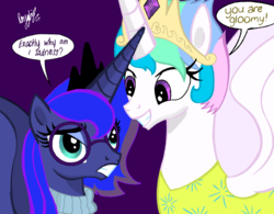 Size: 3021x2361 | Tagged: safe, artist:darkest-lunar-flower, princess celestia, princess luna, g4, clothes, crossover, glasses, high res, inside out, joy (inside out), pixar, sadness (inside out), sweater