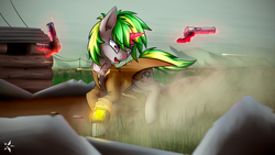 Size: 1920x1080 | Tagged: safe, artist:justafallingstar, oc, oc only, fallout equestria, angry, clothes, gun, gunfire, magic, pipbuck, running, telekinesis, wasteland, weapon