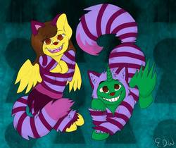 Size: 1200x1007 | Tagged: safe, artist:tallulahailana, oc, oc:frost d. tart, oc:golden lily, alicorn, pegasus, pony, alice in wonderland, alicorn oc, brother and sister, cheshire cat, clothes, cosplay, costume, crossover, smiling