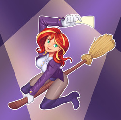 Size: 1280x1267 | Tagged: safe, artist:nauth, sunset shimmer, human, g4, boots, breasts, broom, busty sunset shimmer, clothes, female, flying, flying broomstick, humanized, leotard, looking at you, magician outfit, pantyhose, shoes, smirk, solo, thigh boots