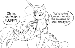 Size: 5100x3300 | Tagged: safe, artist:silfoe, princess luna, twilight sparkle, alicorn, pony, other royal book, royal sketchbook, g4, black and white, chest fluff, cute, dialogue, female, fluffy, grayscale, impossibly large chest fluff, lesbian, mare, monochrome, raised hoof, ship:twiluna, shipping, simple background, speech bubble, twilight sparkle (alicorn), white background