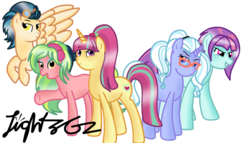Size: 7000x4000 | Tagged: safe, artist:lightzgc, indigo zap, lemon zest, sour sweet, sugarcoat, sunny flare, pony, equestria girls, g4, crystal prep shadowbolts, equestria girls ponified, flying, glasses, headphones, ponified, raised hoof, shadow five, simple background, transparent background, vector