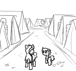 Size: 640x600 | Tagged: safe, artist:ficficponyfic, oc, oc only, oc:ruby rouge, earth pony, pony, colt quest, belt, camp, child, cloak, clothes, dirt, female, filly, foal, hood, monochrome, road, robe, story included, tent, trail, uniform