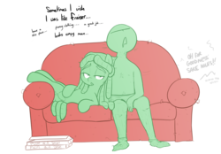 Size: 1180x821 | Tagged: safe, artist:shoutingisfun, tree hugger, oc, oc:anon, earth pony, human, pony, g4, anon's couch, clothes, couch, dialogue, female, food, frasier, human on pony snuggling, implied aftersex, lying down, male, mare, on back, open mouth, pizza, simple background, sitting, snuggling, socks, underwear, white background