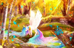 Size: 4000x2588 | Tagged: safe, artist:aquagalaxy, princess celestia, butterfly, g4, bright, crepuscular rays, female, forest, long mane, solo, spread wings