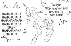 Size: 1280x828 | Tagged: safe, artist:silfoe, princess luna, twilight sparkle, alicorn, pony, other royal book, g4, bald, black and white, dialogue, embarrassed, female, furless, grayscale, hairless, laughing, mare, monochrome, offscreen character, raised hoof, shaved, simple background, speech bubble, white background