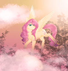 Size: 2300x2400 | Tagged: safe, artist:beerla330, fluttershy, g4, chest fluff, cloud, female, flying, high res, solo, tree
