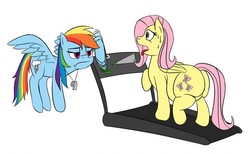 Size: 1280x788 | Tagged: safe, artist:8aerondight8, fluttershy, rainbow dash, pegasus, pony, g4, butt, exercise, fat, fattershy, female, mare, out of shape, plot, simple background, sweat, sweatdrop, tongue out, treadmill, whistle