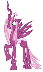 Size: 1024x1716 | Tagged: safe, artist:blah23z, cheerilee, queen chrysalis, changeling, changeling queen, g4, female, open mouth, palette swap, raised hoof, recolor, simple background, solo, transparent background