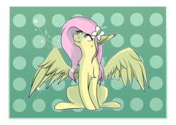 Size: 3448x2442 | Tagged: safe, artist:callmetronic, fluttershy, g4, abstract background, barrette, female, high res, looking away, looking up, sitting, solo, spread wings