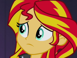 Size: 317x238 | Tagged: safe, screencap, sunset shimmer, equestria girls, g4, my little pony equestria girls: rainbow rocks, cropped, female, reaction image, sad, solo