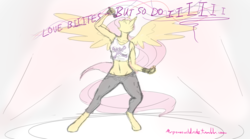 Size: 2880x1600 | Tagged: safe, artist:mrponeswildride, fluttershy, bat pony, anthro, unguligrade anthro, g4, armpits, belly button, clothes, concert, fangs, fingerless gloves, flutterbat, gloves, halestorm, jeans, lights, love bites, midriff, music, pants, punk, race swap, rock (music), singing, sketch, song reference, spread wings, stage