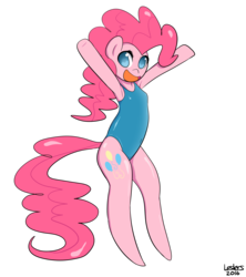 Size: 2000x2250 | Tagged: safe, artist:leslers, pinkie pie, earth pony, semi-anthro, g4, arm hooves, armpits, clothes, female, high res, one-piece swimsuit, simple background, solo, swimsuit, transparent background