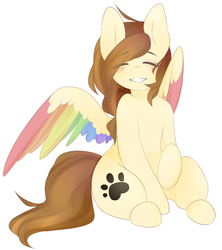 Size: 1024x1151 | Tagged: safe, artist:princesstiramichyuu, oc, oc only, oc:fluffy colors, pegasus, pony, colored wings, digital art, eyes closed, female, freckles, multicolored wings, rainbow wings, sitting, smiling, solo