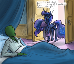Size: 1100x960 | Tagged: safe, artist:king-kakapo, princess luna, oc, oc:anon, alicorn, human, pony, g4, bed, blanket, clothes, dialogue, female, looking at you, male, mare, pillow, sleepy, unshorn fetlocks