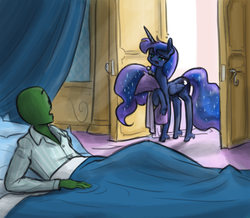 Size: 1100x960 | Tagged: safe, artist:king-kakapo, princess luna, oc, oc:anon, alicorn, human, pony, g4, bed, blanket, clothes, female, looking at each other, male, mare, pillow, sleepy