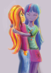 Size: 495x717 | Tagged: safe, artist:trixsun, sunset shimmer, twilight sparkle, equestria girls, g4, duo, female, hug, humanized, lesbian, ship:sunsetsparkle, shipping