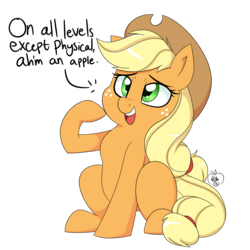 Size: 1200x1200 | Tagged: safe, artist:notenoughapples, applejack, earth pony, pony, g4, applejack's hat, cowboy hat, cute, dialogue, female, freckles, hat, jackabetes, mare, on all levels except physical, open mouth, otherkin, raised hoof, simple background, sitting, smiling, solo, that pony sure does love apples, transparent background