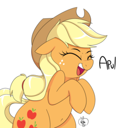Size: 1000x1000 | Tagged: safe, artist:notenoughapples, applejack, earth pony, pony, g4, appul, belly button, cute, eyes closed, female, freckles, hat, jackabetes, mare, open mouth, solo, that pony sure does love apples