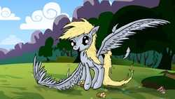 Size: 2089x1177 | Tagged: safe, artist:autobotchari, derpy hooves, pegasus, pony, g4, female, food, mare, muffin, solo, wings