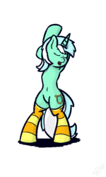 Size: 480x800 | Tagged: safe, artist:rockset, lyra heartstrings, pony, unicorn, semi-anthro, g4, armpits, belly button, bipedal, clothes, eyes closed, female, socks, solo, stretching, striped socks