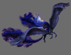 Size: 1024x804 | Tagged: safe, artist:xxxwaterlillyxxx, princess luna, g4, eyes closed, female, flying, galaxy mane, large wings, magic, simple background, solo
