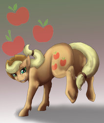 Size: 1024x1204 | Tagged: safe, artist:xxxwaterlillyxxx, applejack, g4, bedroom eyes, bucking, butt, female, grin, looking at you, looking back, plot, smiling, solo, underhoof