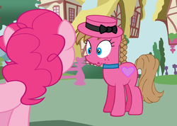 Size: 1044x743 | Tagged: safe, pinkie pie, oc, g4, freckles, hat, jewelry, necklace, ponytail, ribbon