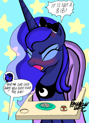 Size: 2181x3021 | Tagged: safe, artist:darkest-lunar-flower, derpibooru exclusive, princess luna, oc, oc:darkest lunar flower, g4, angry, baby food, bib, blushing, bow, chair, cross-popping veins, cute, high res, highchair, lunabetes, misspelling of you're, stars