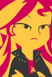 Size: 837x1247 | Tagged: safe, sunset shimmer, equestria girls, g4, close-up, female, limited palette, solo, unamused