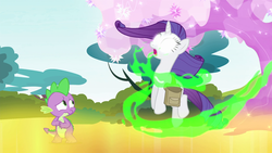 Size: 1920x1080 | Tagged: safe, screencap, rarity, spike, dragon, pony, unicorn, g4, inspiration manifestation, corrupted, crystal tree, dark magic, female, floating, glowing eyes, gold, golden road, magic, male, mare, open mouth, scared, scary, tree, uncorrupted