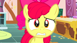 Size: 1920x1080 | Tagged: safe, screencap, apple bloom, pinkie pie, earth pony, pony, call of the cutie, g4, gritted teeth, kitchen, scared, solo focus, sugarcube corner, sugarcube corner (interior), worried