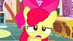 Size: 1920x1080 | Tagged: safe, screencap, apple bloom, pinkie pie, earth pony, pony, call of the cutie, g4, kitchen, open mouth, sad, solo focus, sugarcube corner, sugarcube corner (interior), worried