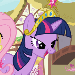 Size: 504x504 | Tagged: safe, screencap, fluttershy, twilight sparkle, pegasus, pony, unicorn, magical mystery cure, animated, big crown thingy, blinking, crown, cute, element of magic, female, gif, jewelry, mare, open mouth, regalia, smiling, solo focus, twiabetes, unicorn twilight