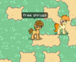 Size: 404x333 | Tagged: safe, oc, oc only, oc:meadow stargazer, oc:safe haven, pony, pony town, female, free shrugs, lidded eyes, meme, pixel art, screenshots, shrug, smiling, speech bubble