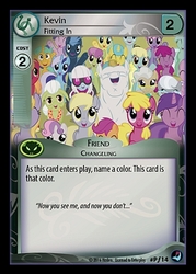 Size: 344x480 | Tagged: safe, enterplay, amethyst star, berry punch, berryshine, big macintosh, bulk biceps, derpy hooves, granny smith, kevin, lemon hearts, lily, lily valley, mayor mare, minuette, photo finish, silver spoon, snips, sparkler, sweetie belle, changeling, earth pony, pegasus, pony, unicorn, g4, high magic, my little pony collectible card game, card, ccg, disguise, disguised changeling, merchandise