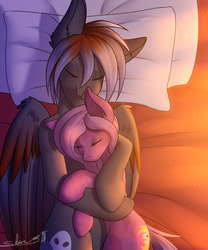 Size: 2500x3000 | Tagged: safe, artist:silverfox057, oc, oc only, oc:chosen heart, oc:funeral dirge, crystal pony, pony, bed, cuddling, female, high res, male, pillow, sleeping, snuggling, straight