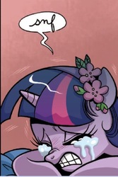 Size: 609x909 | Tagged: safe, idw, twilight sparkle, g4, spoiler:comic, crying, eyes closed, female, flower, flower in hair, gritted teeth, nose wrinkle, sad, solo